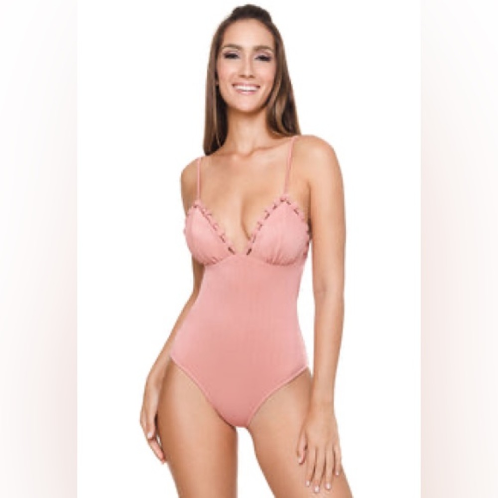 Despi Luxurious rose gold textured plunging one-piece swimsuit
- LINDA OP